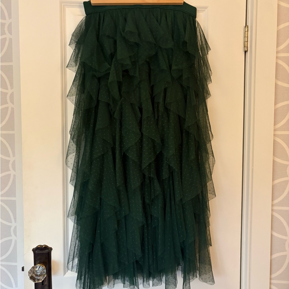 Anthropologie Dark Green Layered Ruffle Tulle Maxi Skirt